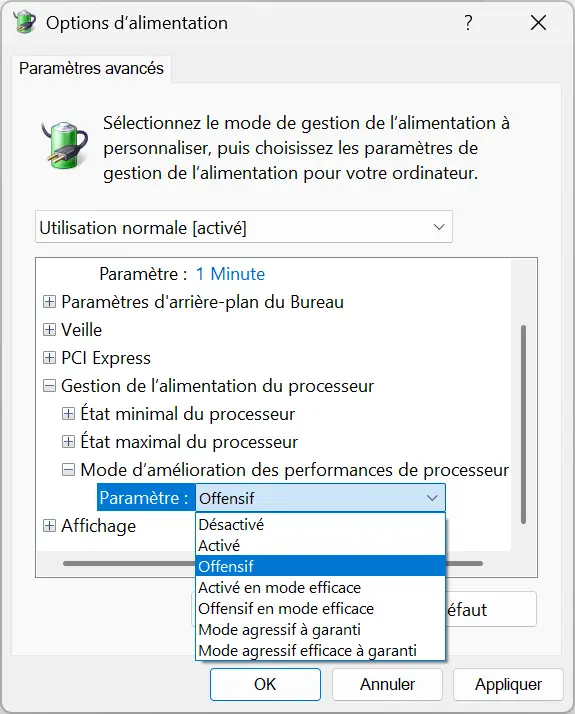 Modes d'augmentation du processeur cachés disponibles dans les options d'alimentation avancées de Windows 11