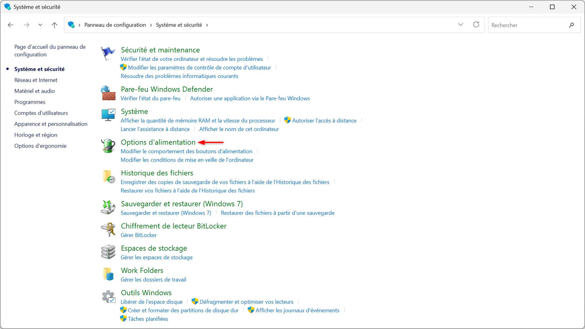 Accès à la section Options d'alimentation dans le Panneau de configuration de Windows 11