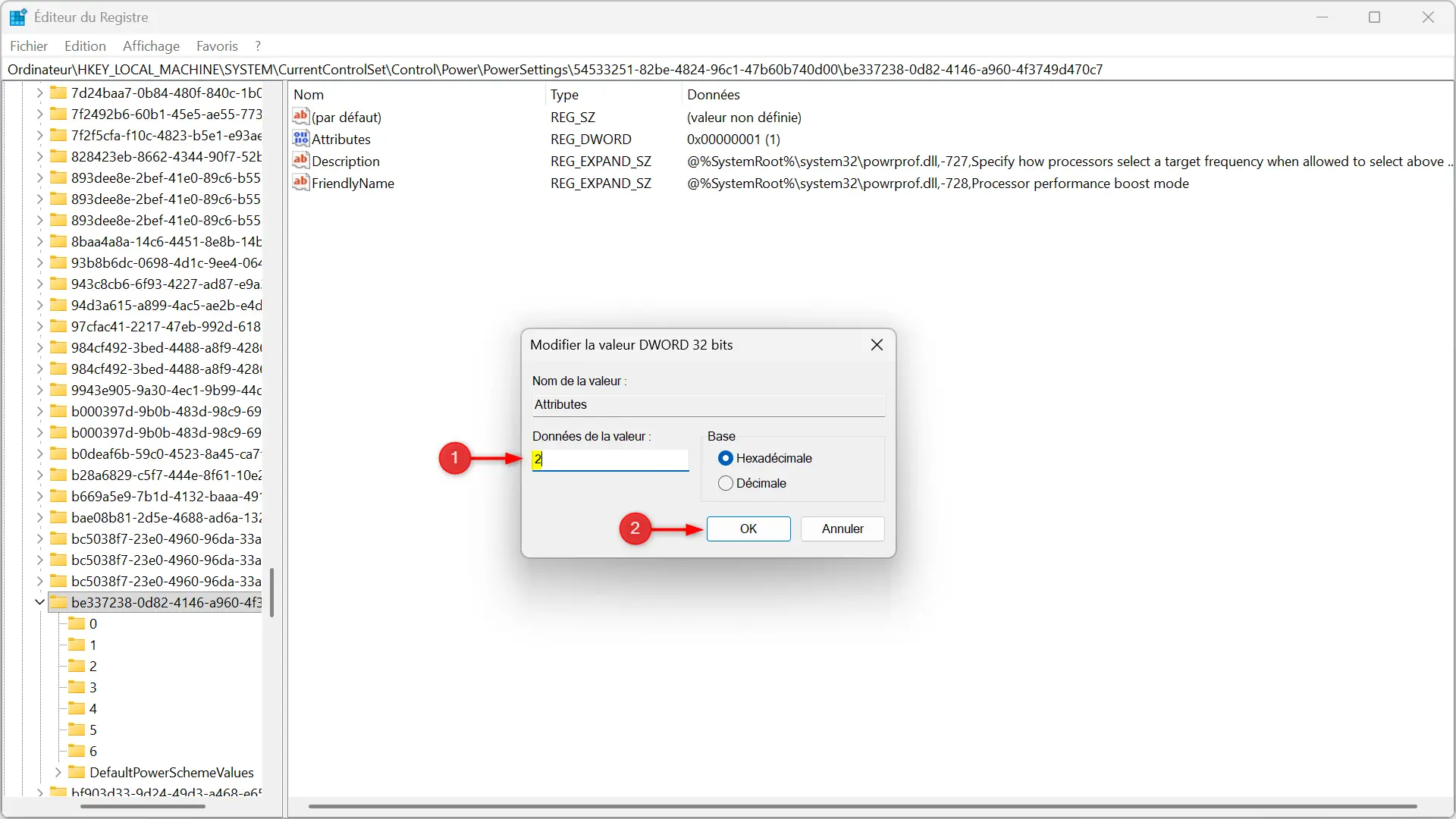 Modification de la valeur des attributs de 1 à 2 dans le registre Windows pour afficher les modes avancés d'augmentation du processeur