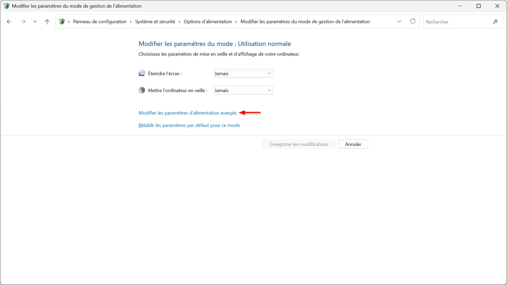 Accès aux options d'alimentation à partir de la section Système et sécurité du Panneau de configuration