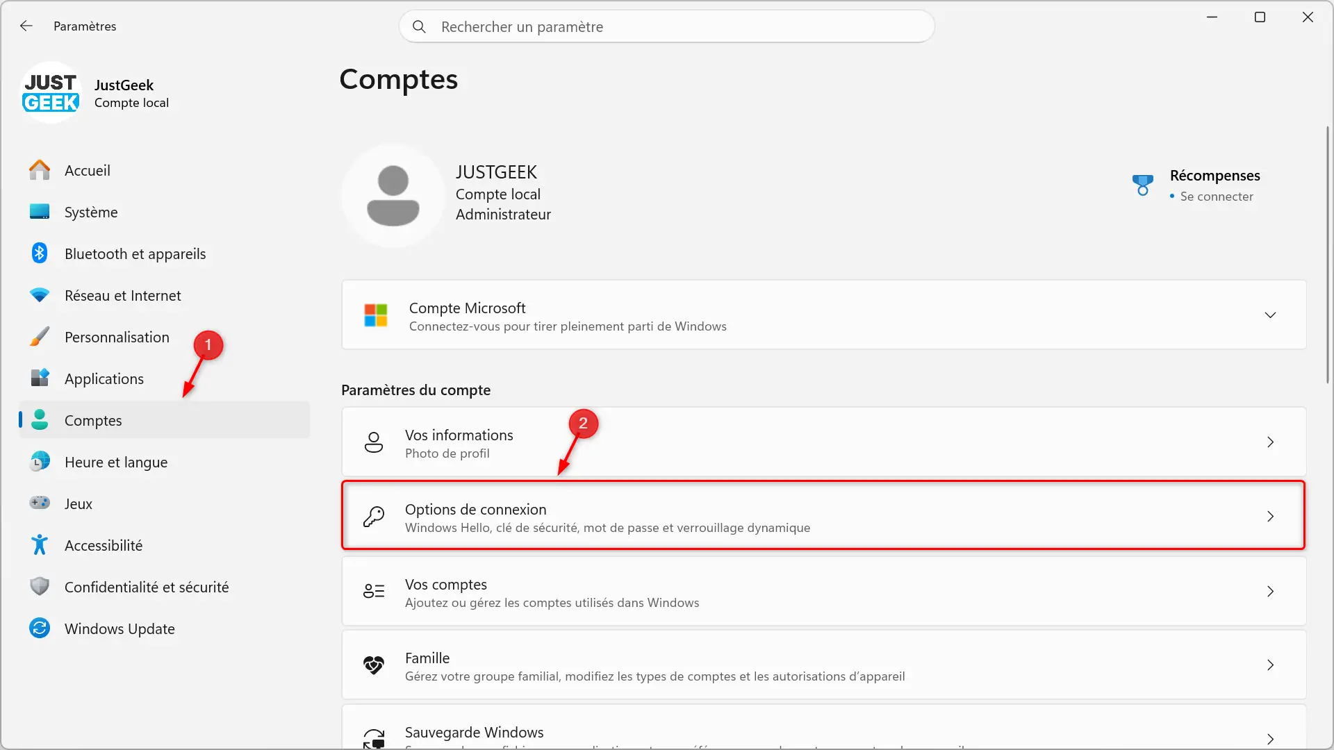 Accéder aux options de connexion dans les paramètres du compte dans Windows 11