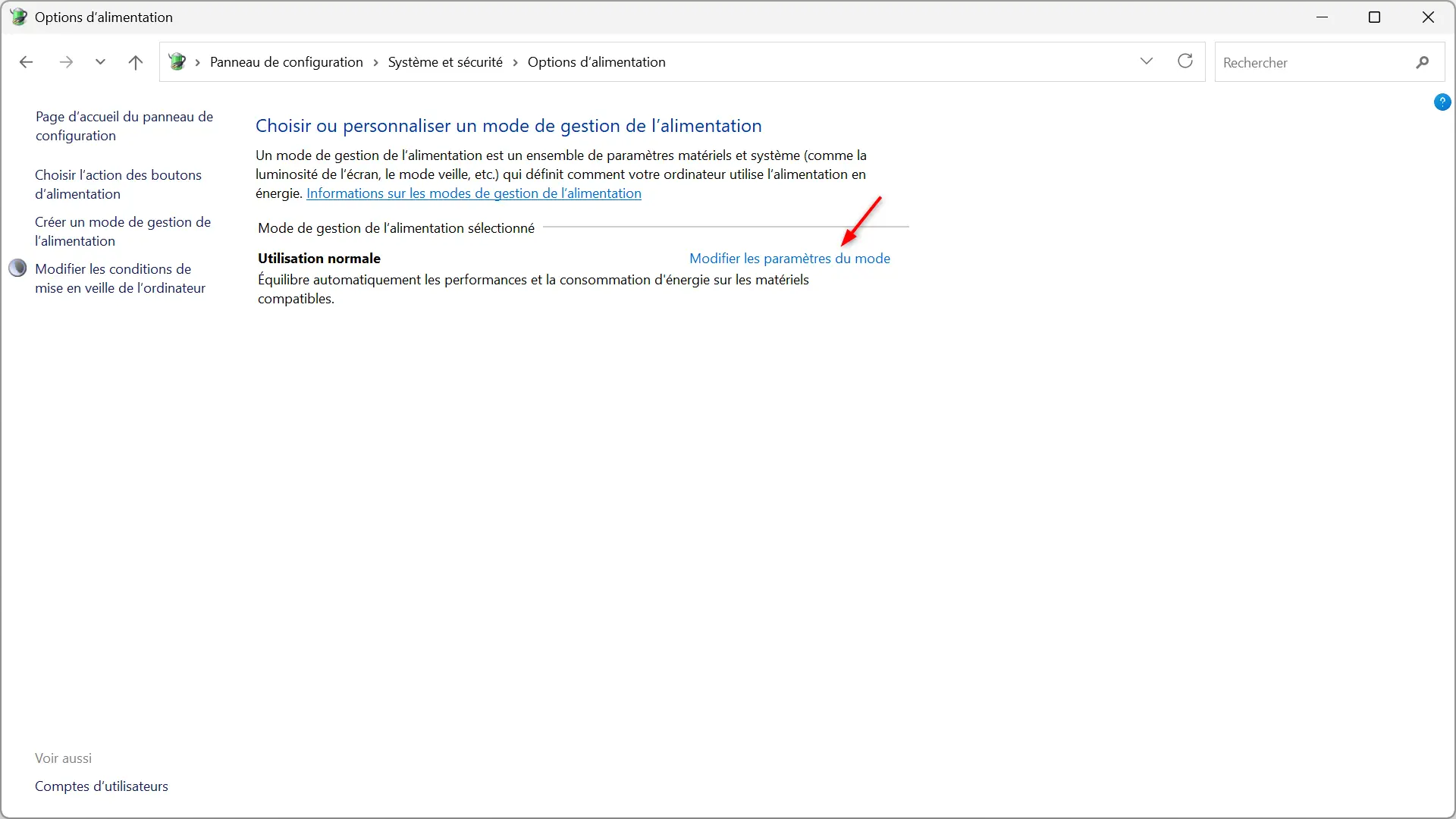 Ouverture des paramètres d'alimentation avancés dans Windows 11