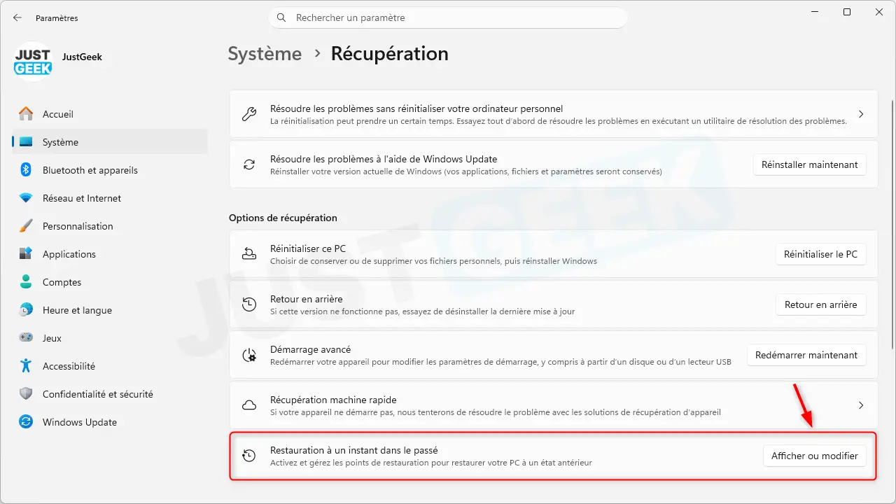 Paramètres de récupération de Windows 11 avec option de restauration à un moment donné
