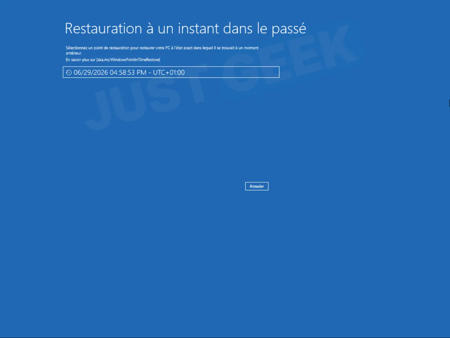 Sélection d'un point de restauration à un moment précis dans l'environnement de récupération Windows