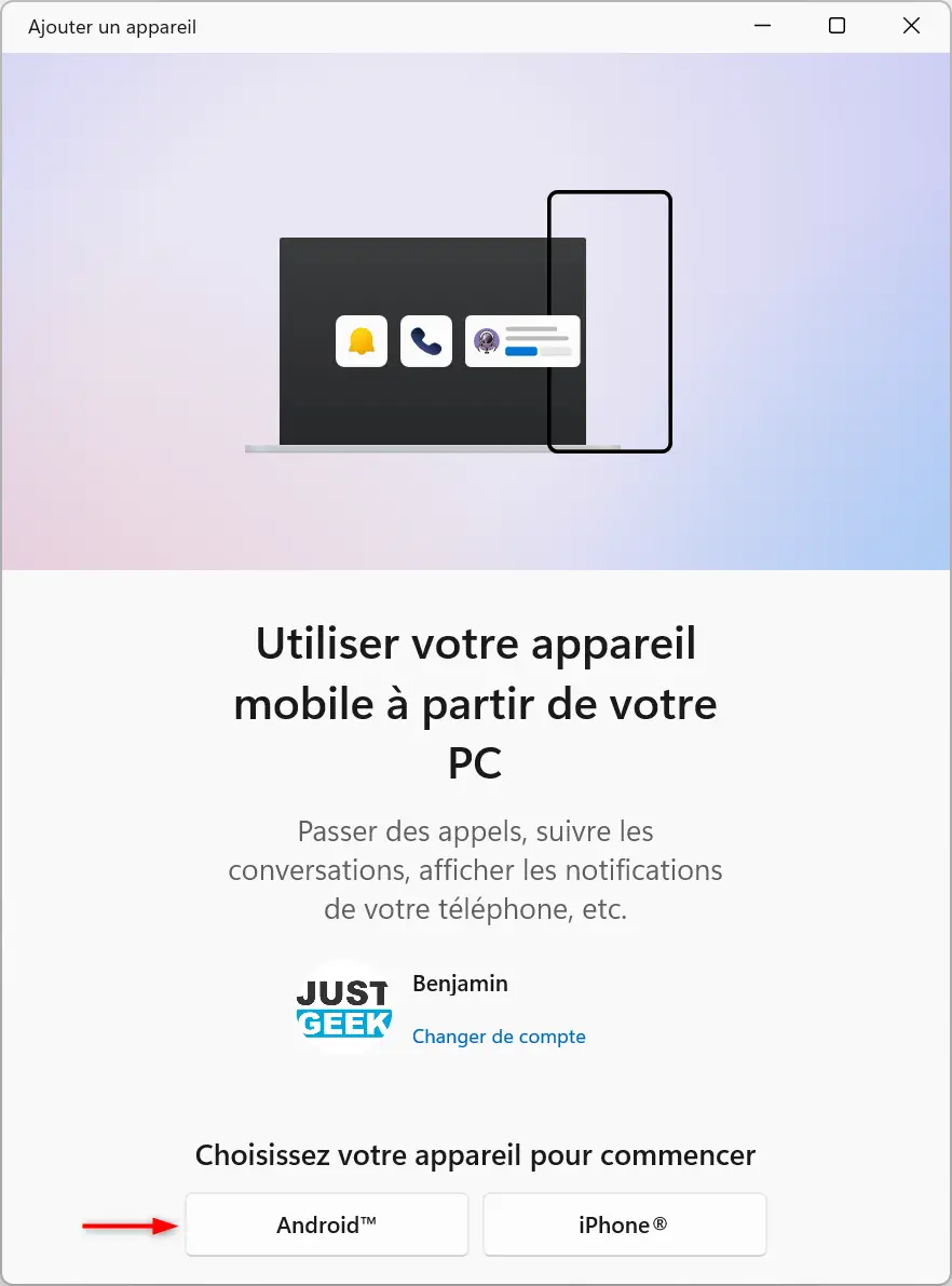 Sélection du type d'appareil Android pour le couplage avec Windows 11