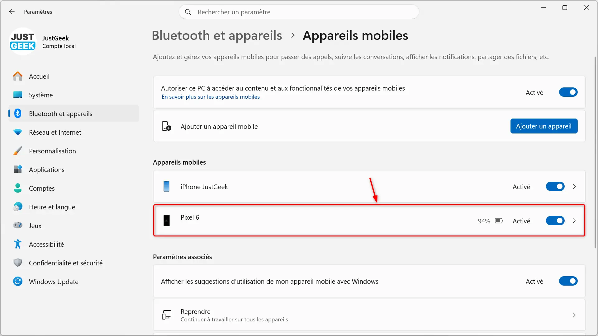 Smartphone Android ajouté à la liste des appareils mobiles Windows 11