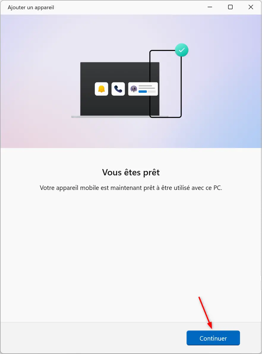 Smartphone Android couplé avec succès avec un PC Windows 11