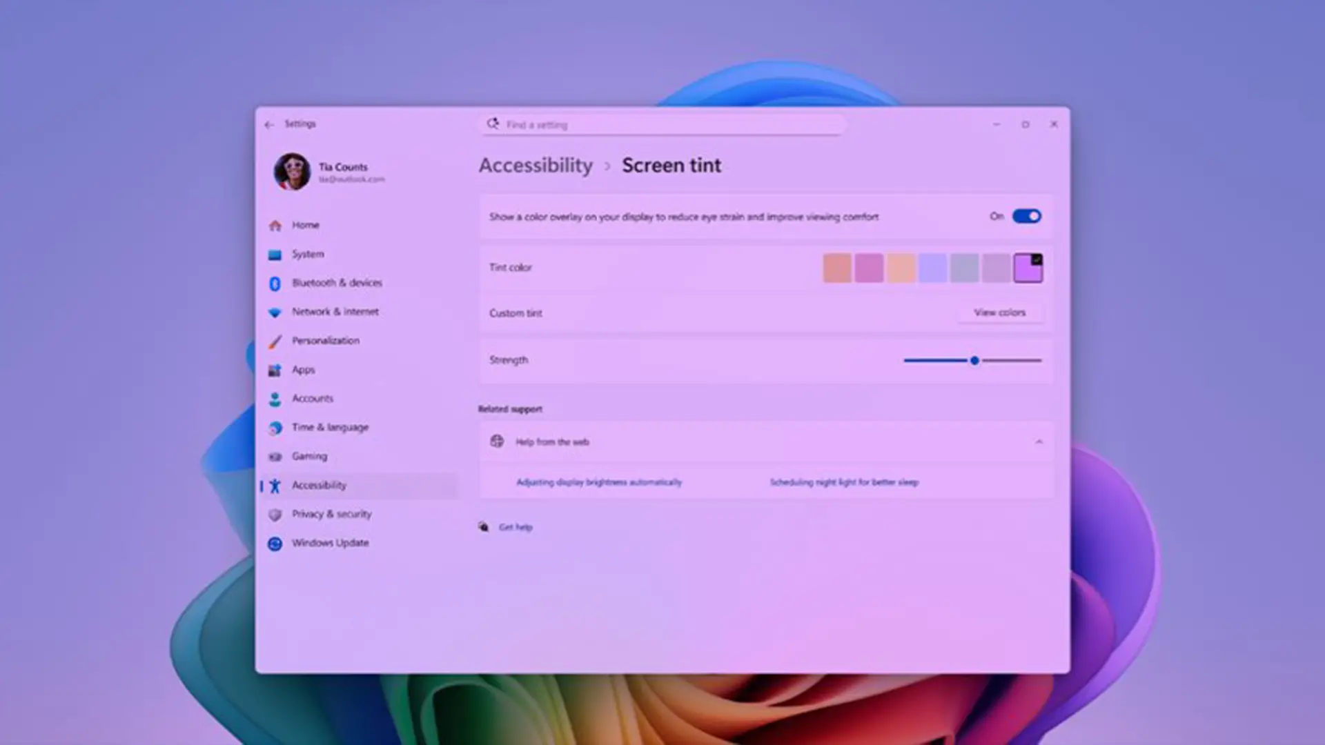 Paramètre de teinte d'écran dans les options d'accessibilité de Windows 11
