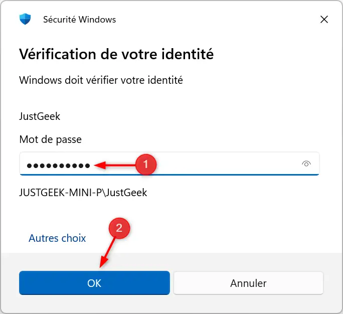 Fenêtre de vérification d'identité demandant un mot de passe pour confirmer la modification des options de connexion dans Windows 11