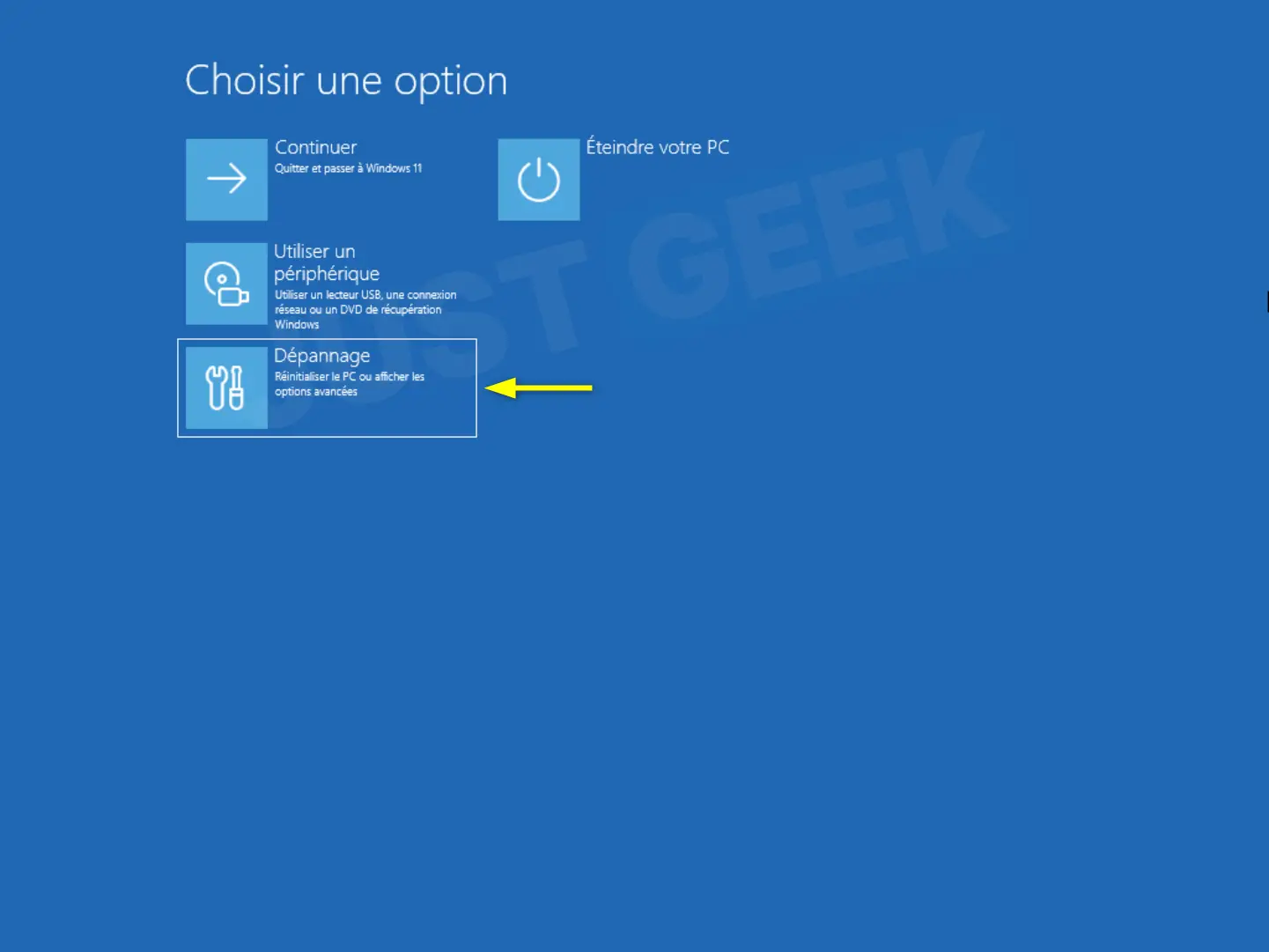 Sélection de l'option Dépannage dans l'environnement de récupération Windows (WinRE)