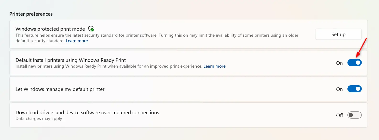 Paramètres de l'imprimante sous Windows 11 avec les options Windows Ready Print et Windows Protected Print Mode