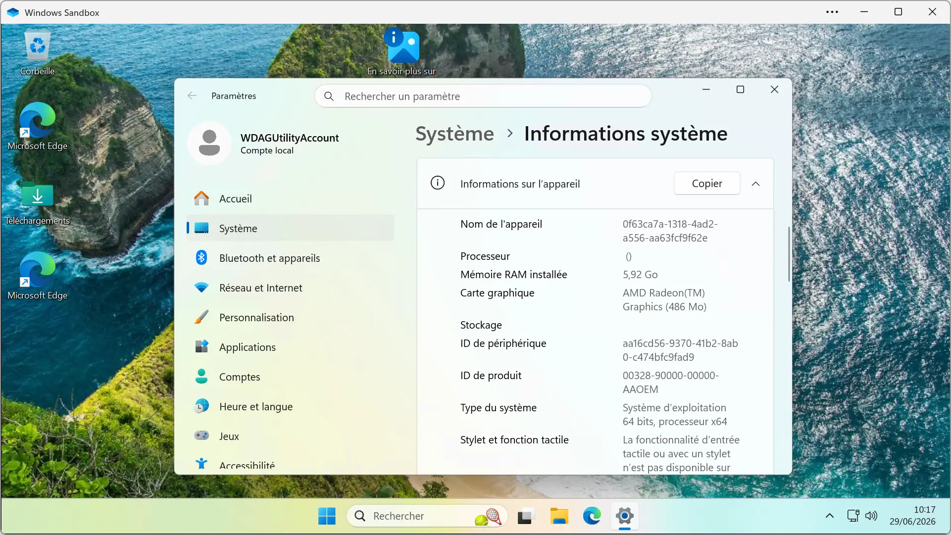 Windows Sandbox lancé avec une configuration personnalisée créée à l'aide de Windows Sandbox Launcher.