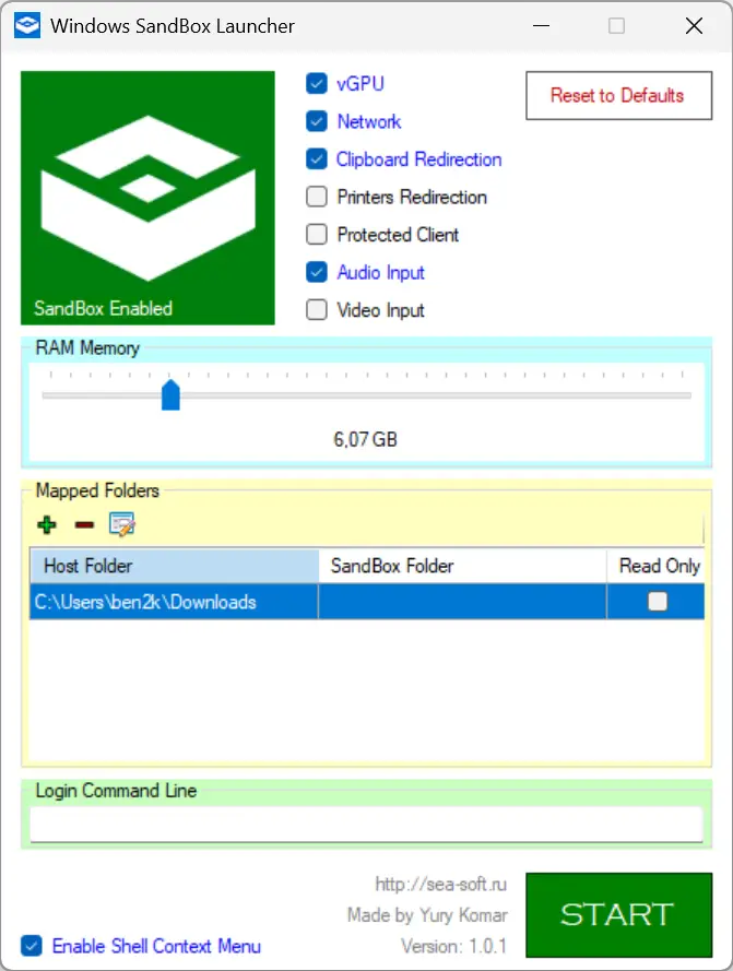 Interface principale de Windows Sandbox Launcher pour configurer Windows Sandbox.
