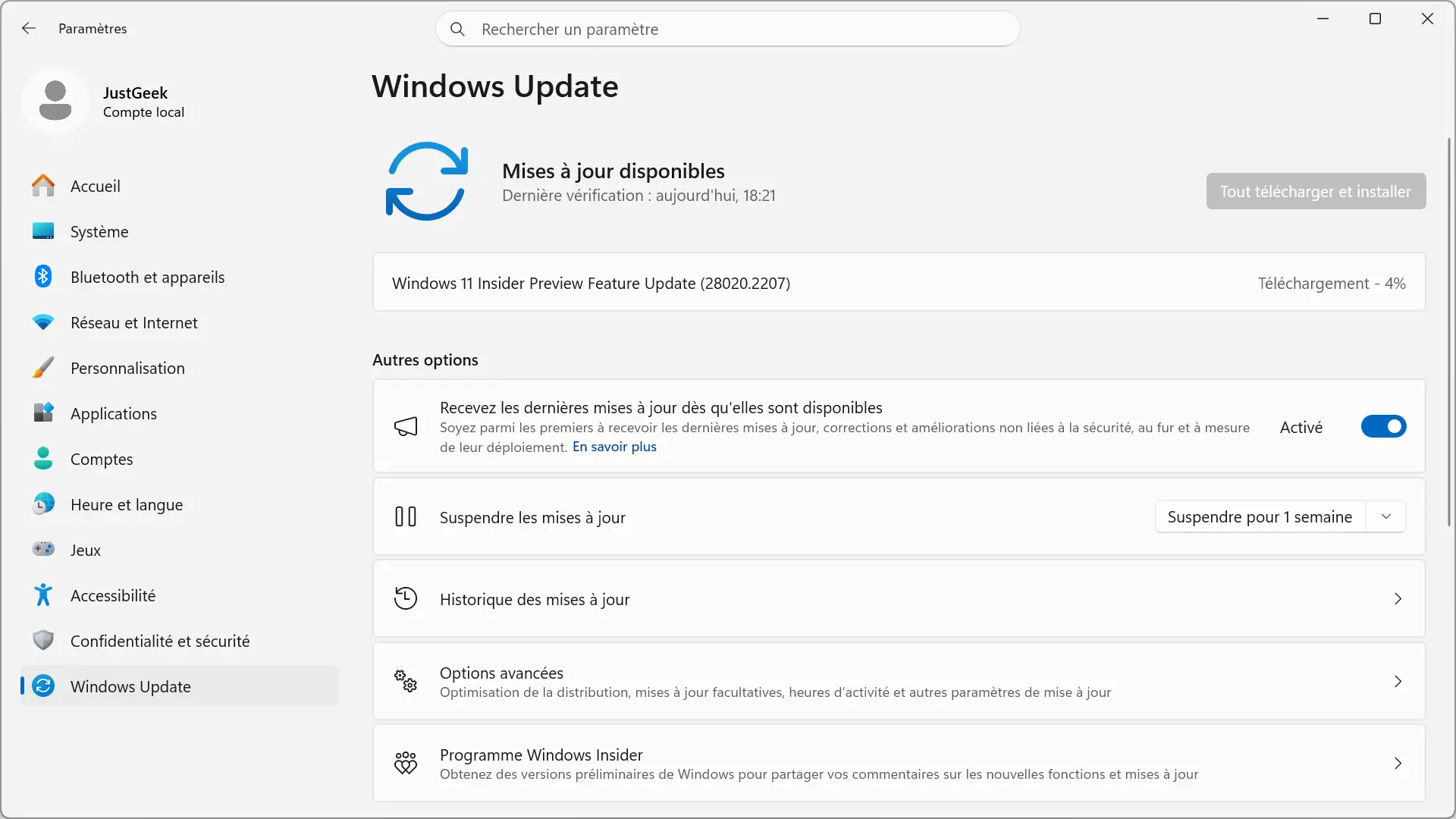 Téléchargement d'une version Windows 11 Insider Preview via Windows Update après avoir utilisé OfflineInsiderEnroll