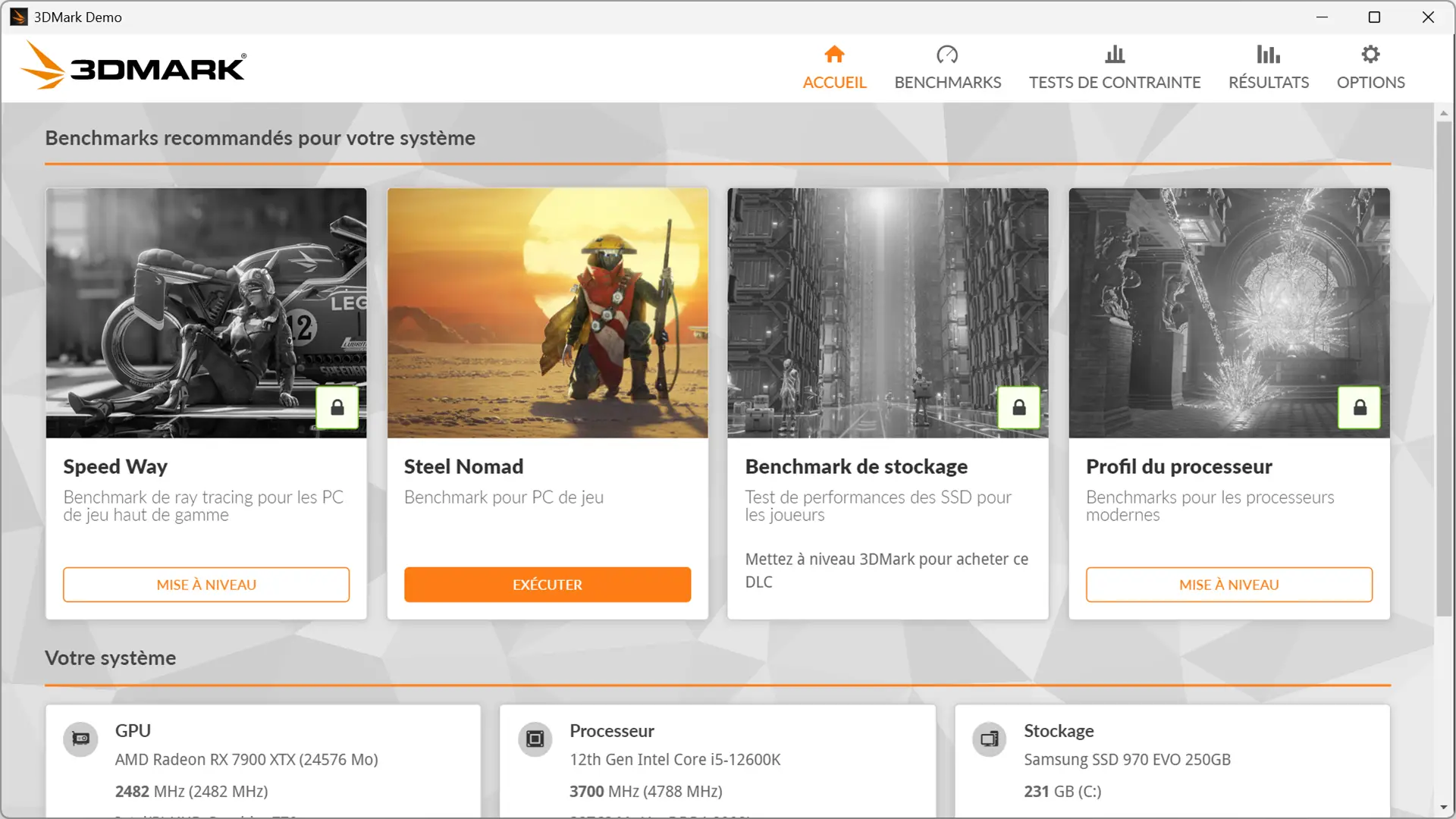 Interface 3DMark avec benchmarks disponibles