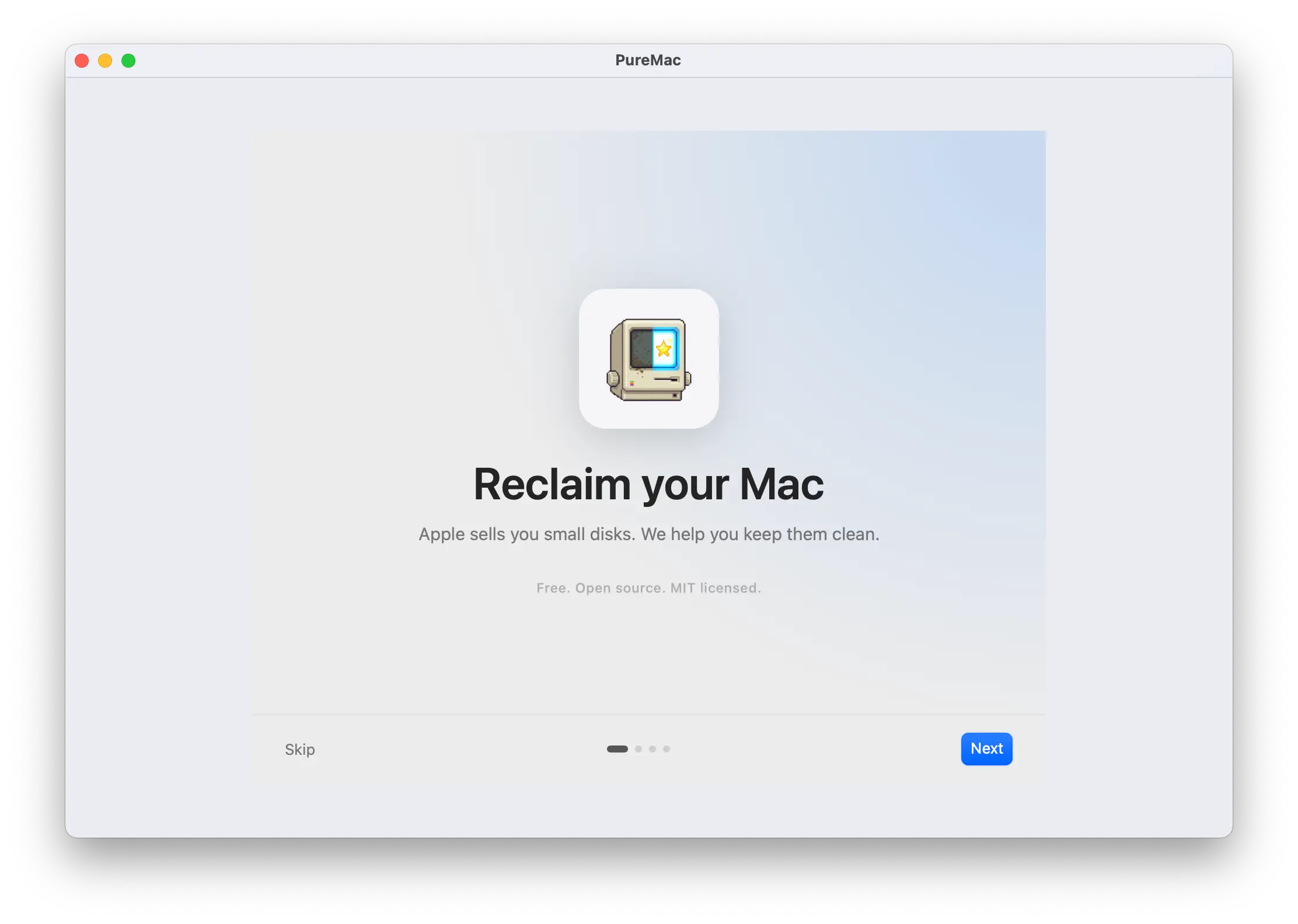 Assistant de bienvenue PureMac lors du premier lancement sur macOS