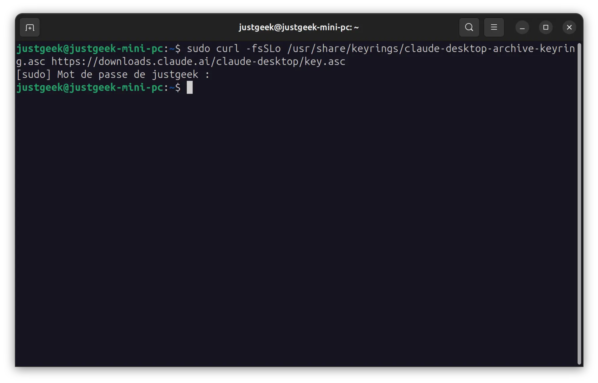 Téléchargement de la clé de signature Anthropic pour installer Claude Desktop sur Ubuntu