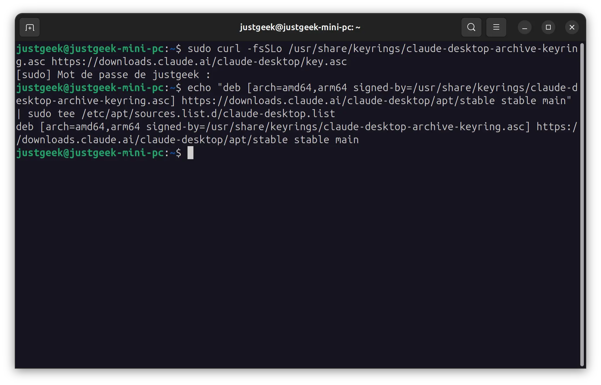 Ajout du dépôt officiel Claude Desktop APT sous Ubuntu