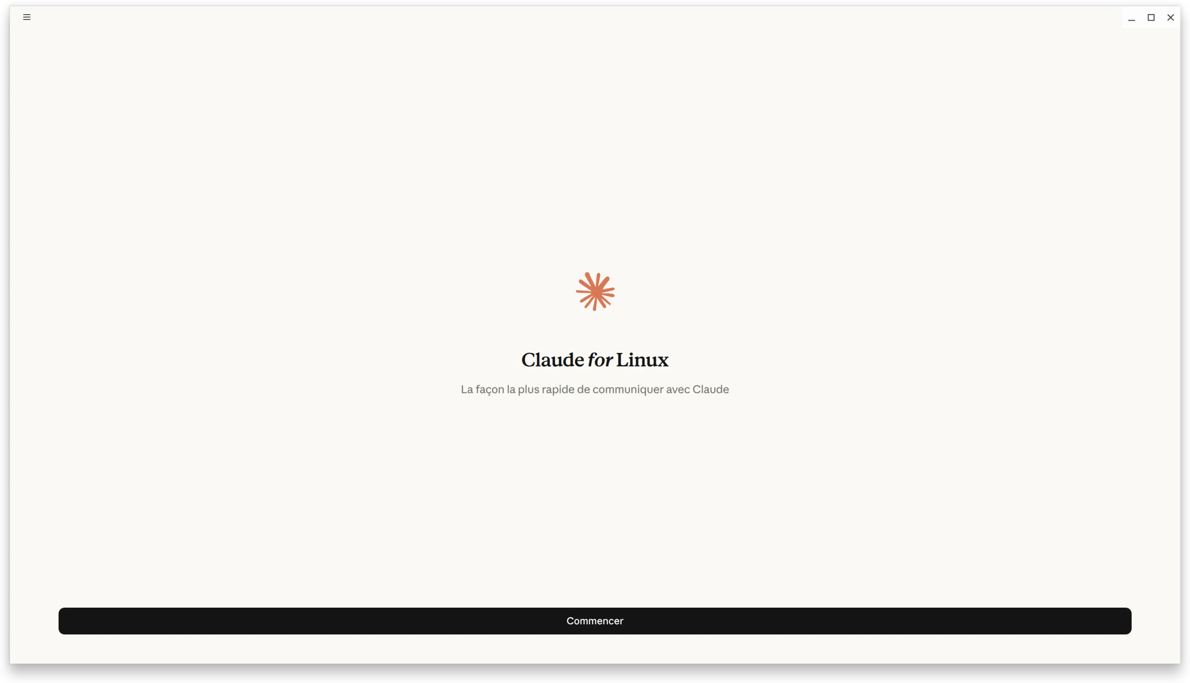 Écran de bienvenue de Claude Desktop lors de son premier lancement sous Linux