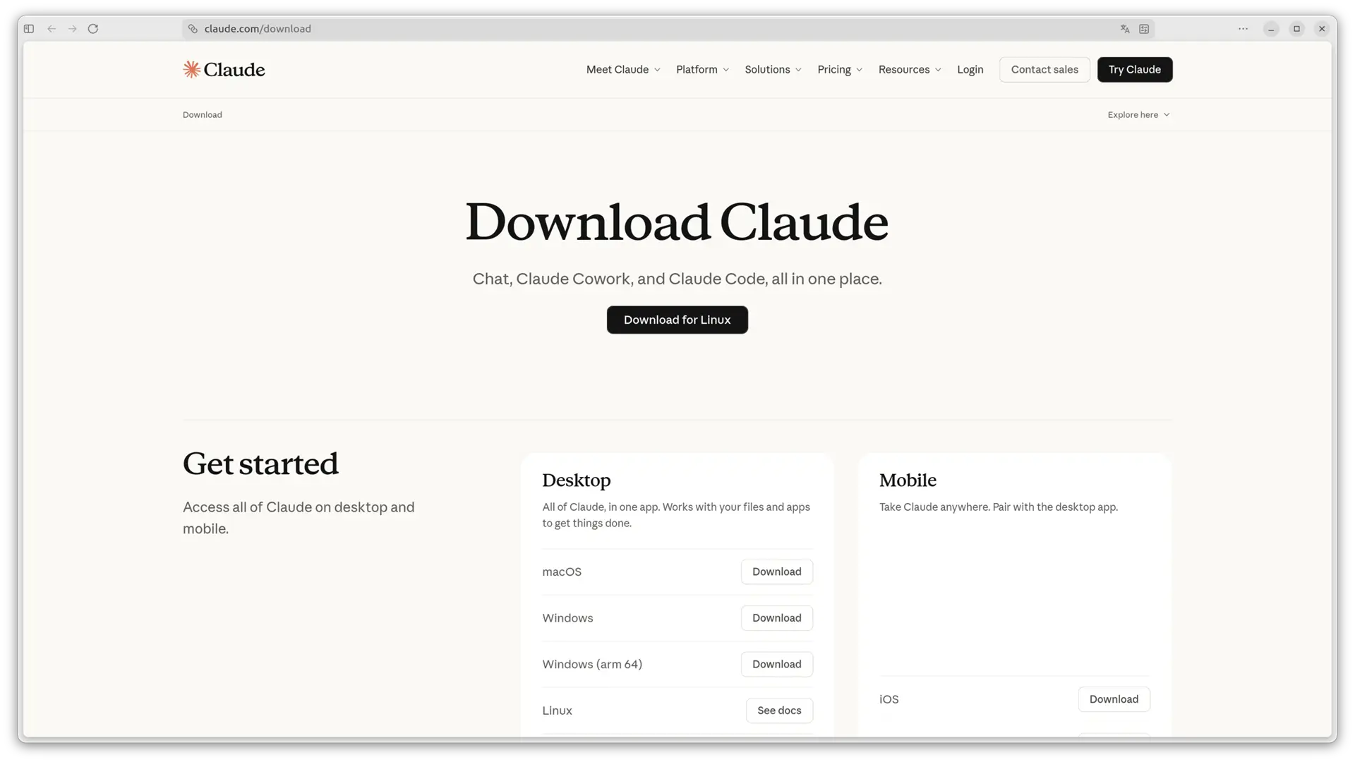 Page de téléchargement de Claude Desktop avec la version Linux disponible pour Ubuntu et Debian