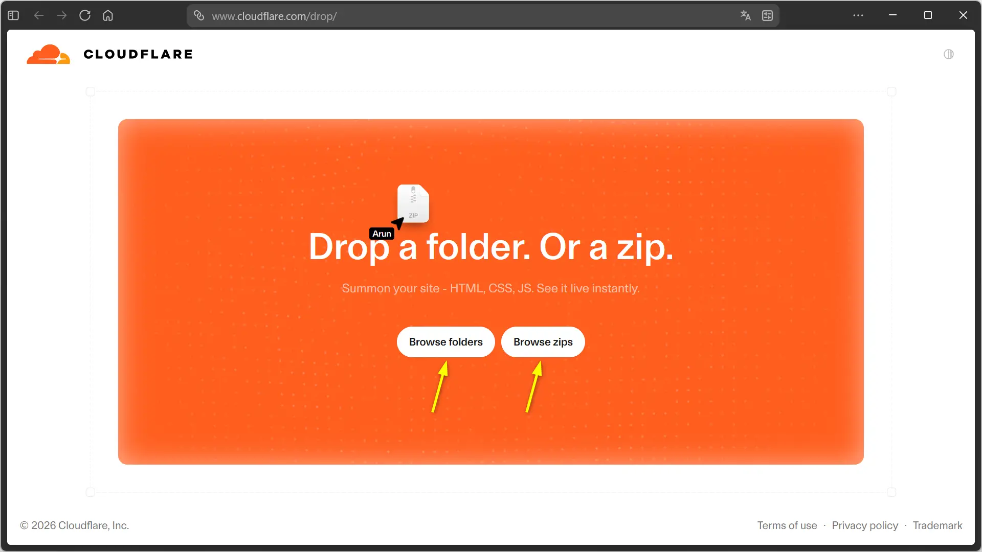Interface Cloudflare Drop pour sélectionner un dossier ou une archive ZIP