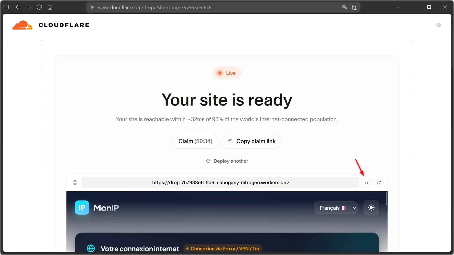 Site Web statique publié avec Cloudflare Drop et accessible via une URL publique
