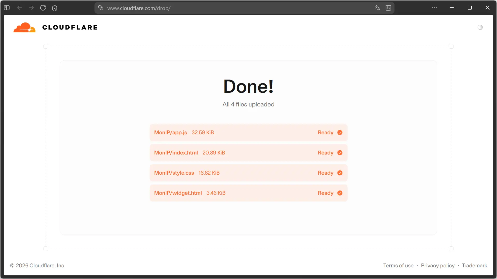 Téléchargement du fichier du site terminé avec Cloudflare Drop