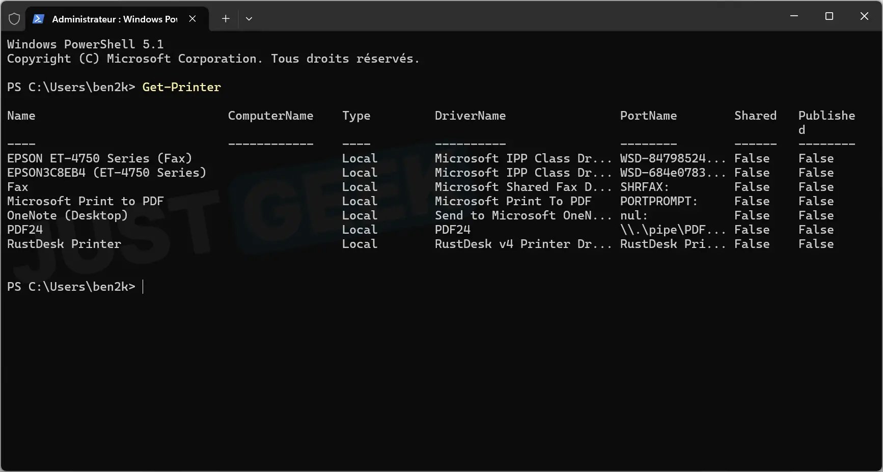 Commande Get-Printer exécutée dans PowerShell pour afficher les imprimantes installées dans Windows 11