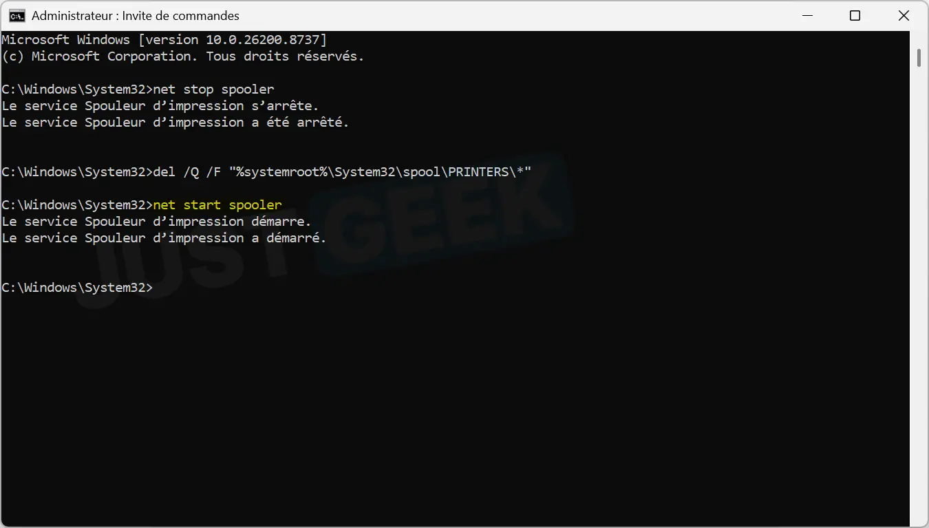 Commande net start spooler utilisée pour redémarrer le service Print Spooler dans Windows 11