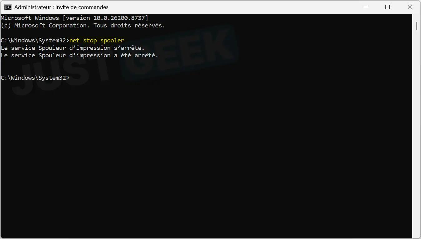 Commande net stop spooler utilisée pour arrêter le service Print Spooler dans Windows 11