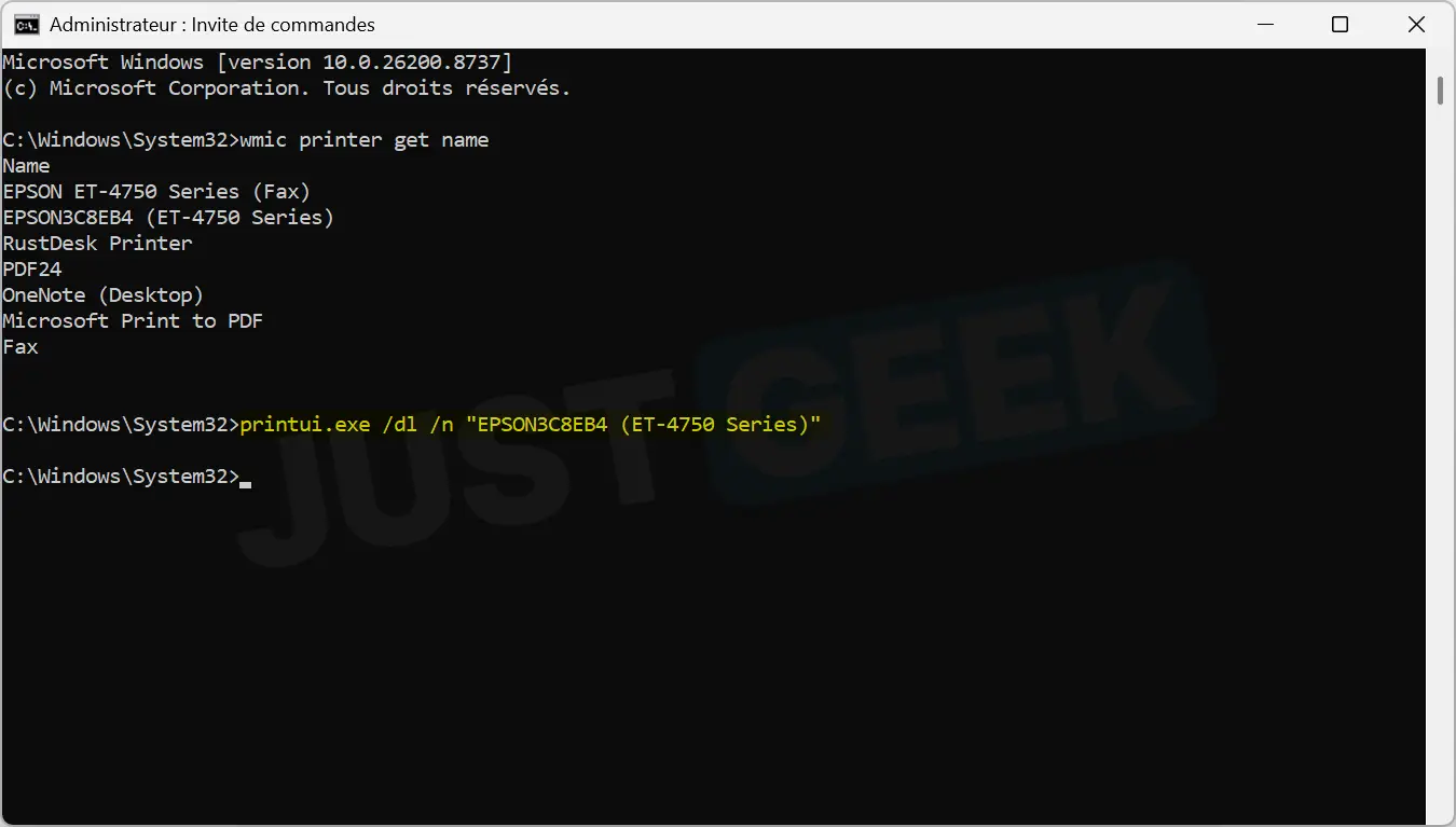Commande printui.exe utilisée dans l'invite de commande pour supprimer une imprimante sous Windows 11