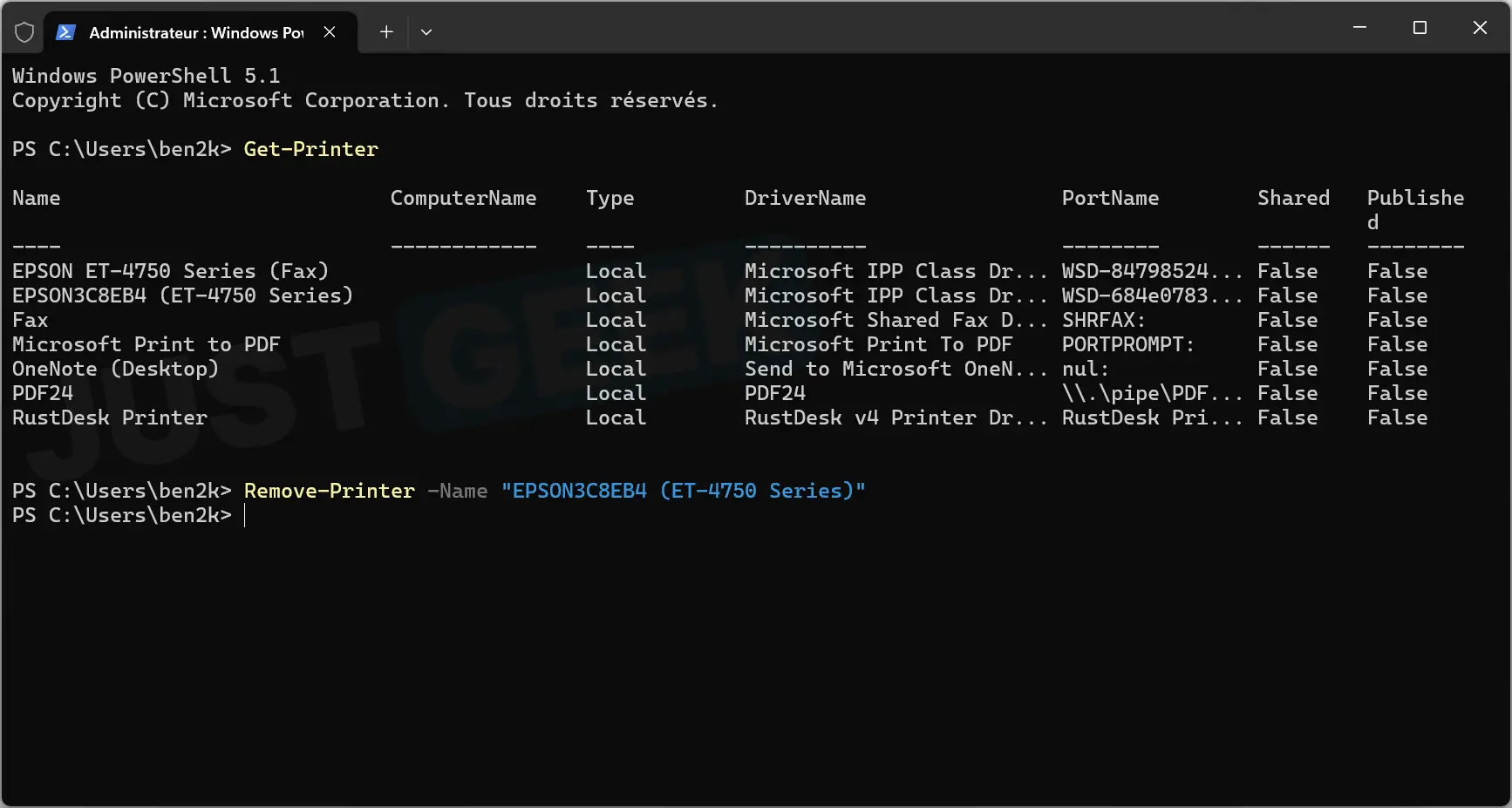 Commande Remove-Printer utilisée dans PowerShell pour supprimer une imprimante dans Windows 11