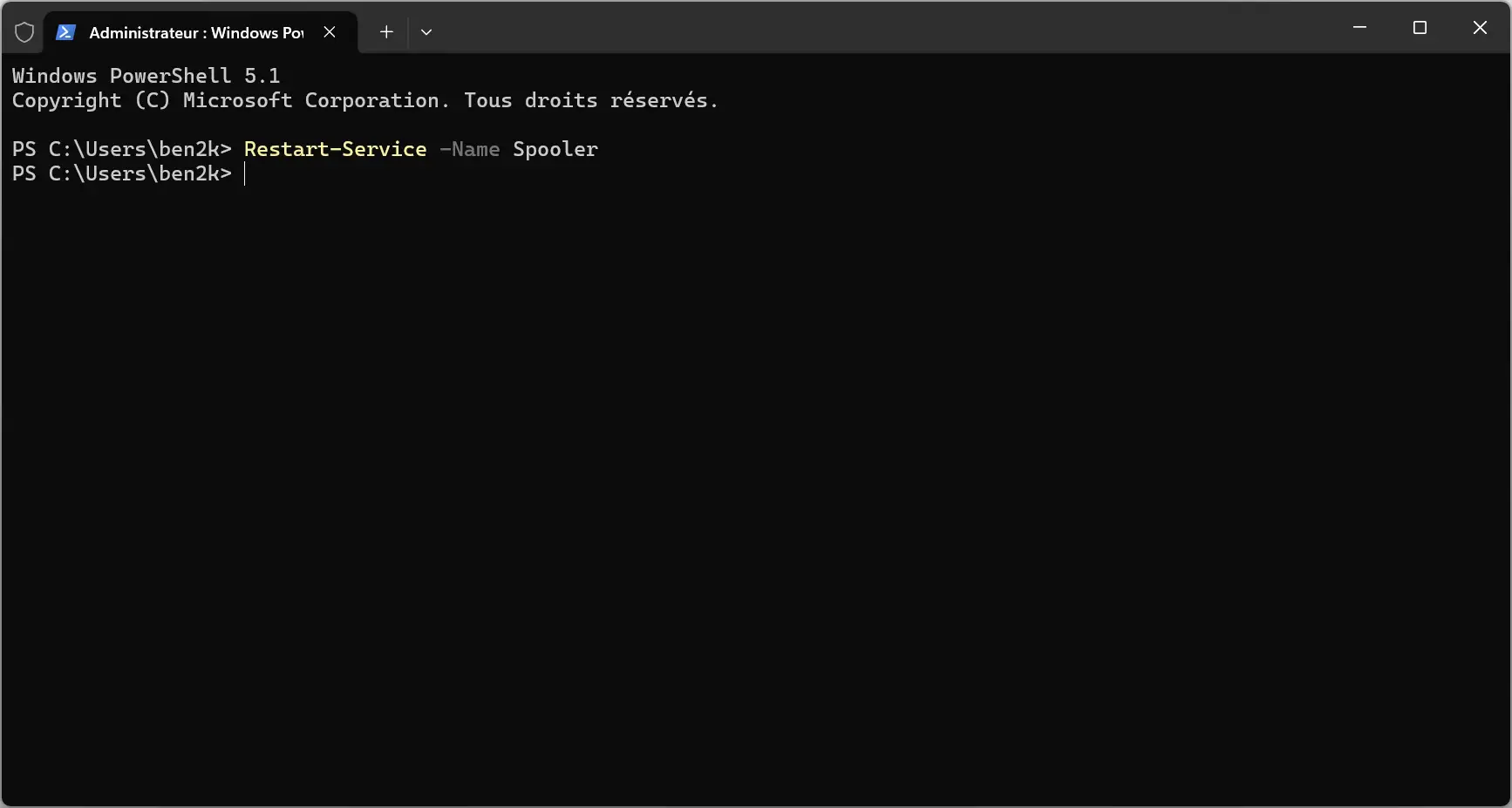Commande Restart-Service -Name Spooler exécutée dans PowerShell pour réinitialiser le spouleur d'impression sous Windows 11