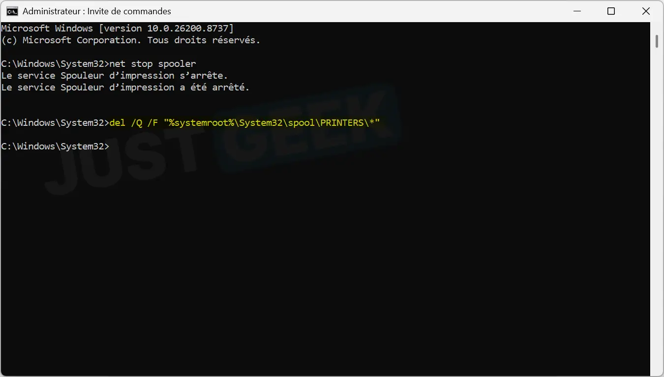 Commande pour supprimer des fichiers de la file d'attente d'impression dans Windows 11