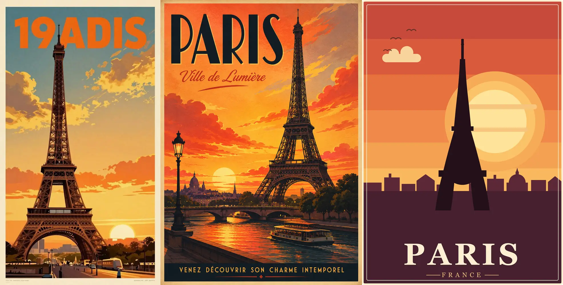 Comparaison de génération d'images entre Lumo 2.0, ChatGPT et Claude à partir d'une même invite représentant une affiche rétro de Paris.