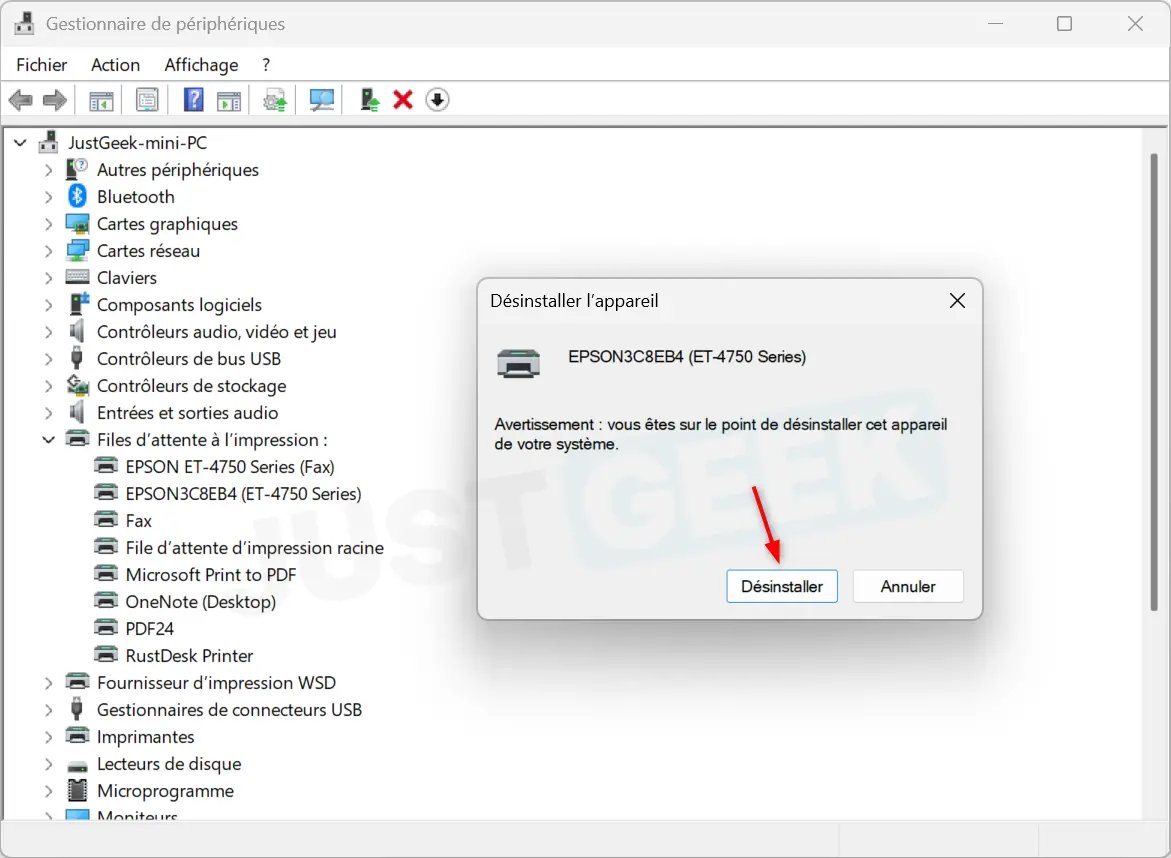 Confirmation de la désinstallation d'une imprimante dans le Gestionnaire de périphériques Windows 11