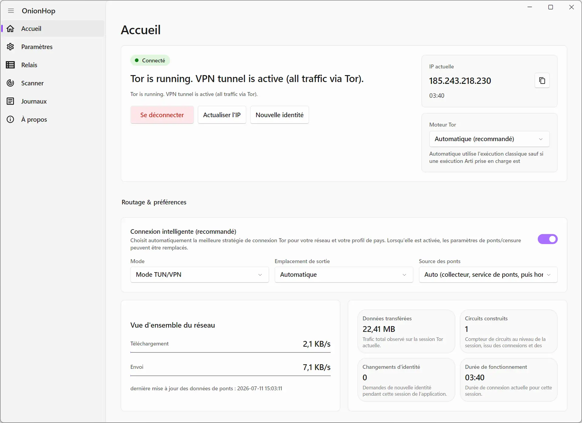 OnionHop connecté au réseau Tor en mode TUN/VPN avec une nouvelle adresse IP