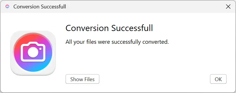 Message de confirmation affiché par iMazing Converter une fois la conversion du fichier HEIC terminée