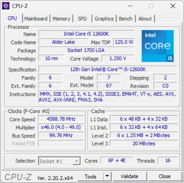 Informations détaillées sur le processeur affichées par CPU-Z