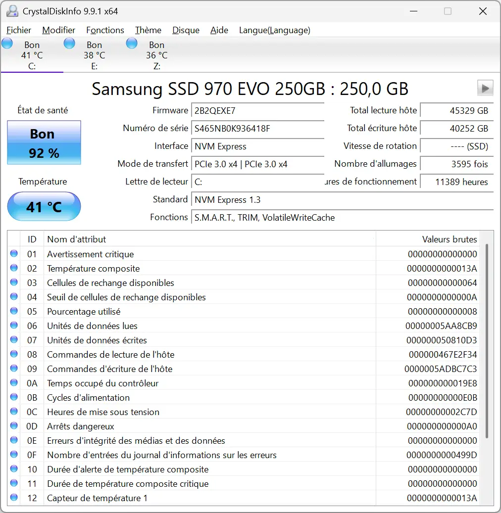 État de santé du SSD et informations SMART avec CrystalDiskInfo