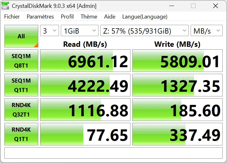 Résultats du benchmark SSD avec CrystalDiskMark