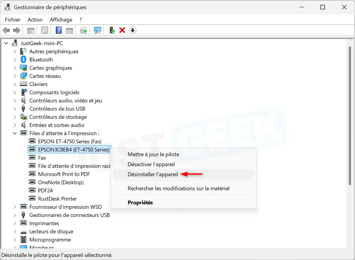Option de désinstallation du périphérique dans le Gestionnaire de périphériques Windows 11 pour supprimer une imprimante