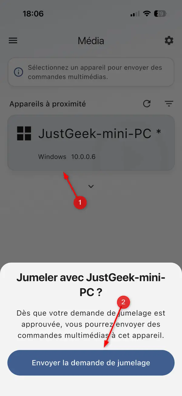 Envoi d'une demande de couplage à un ordinateur avec l'application Media Remote
