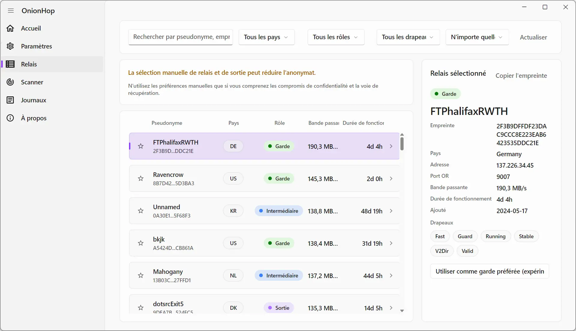 Tor Relay Explorer avec filtres par pays, rôle et bande passante dans OnionHop