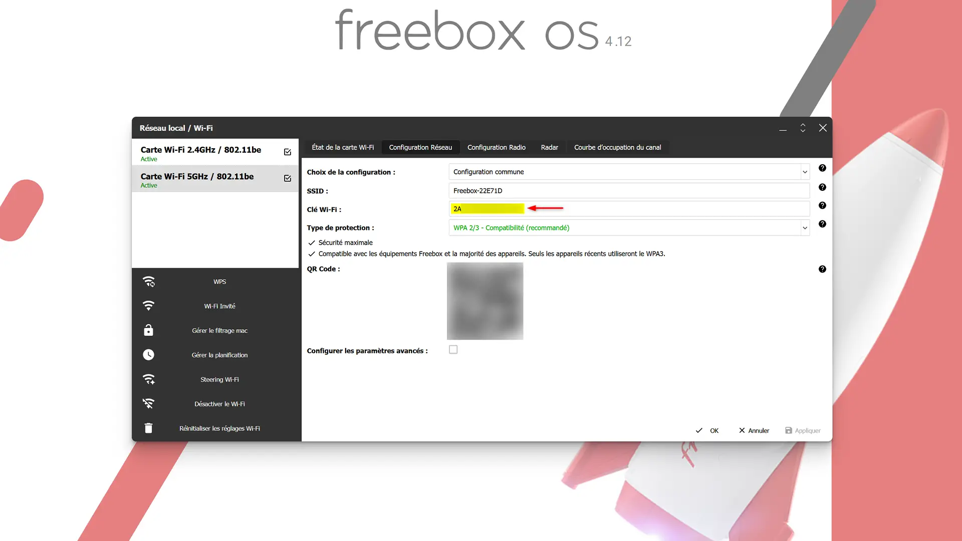 Mot de passe du réseau Wi-Fi affiché dans les paramètres Wi-Fi de l'OS Freebox