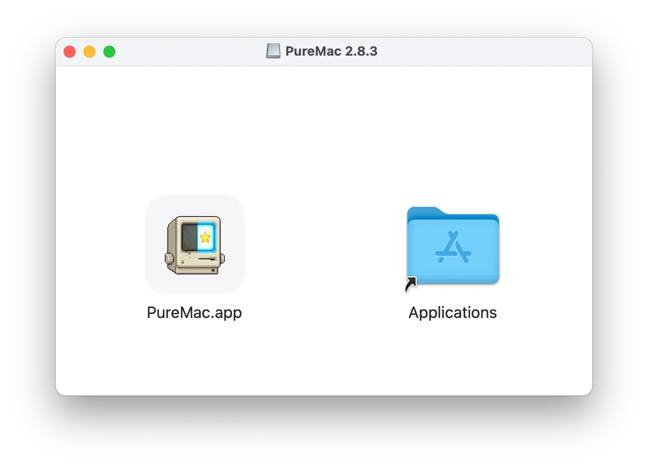 Fenêtre d'installation de PureMac sur macOS avec glisser-déposer de l'application dans le dossier Applications.