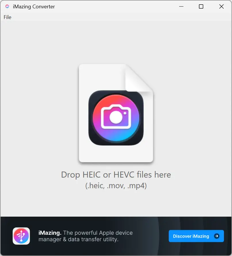 L'interface d'accueil d'iMazing Converter invite à glisser-déposer des fichiers HEIC ou HEVC