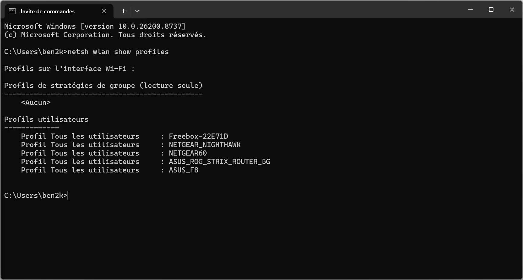 Commande netsh wlan show profiles affichant les réseaux Wi-Fi enregistrés dans Windows 11