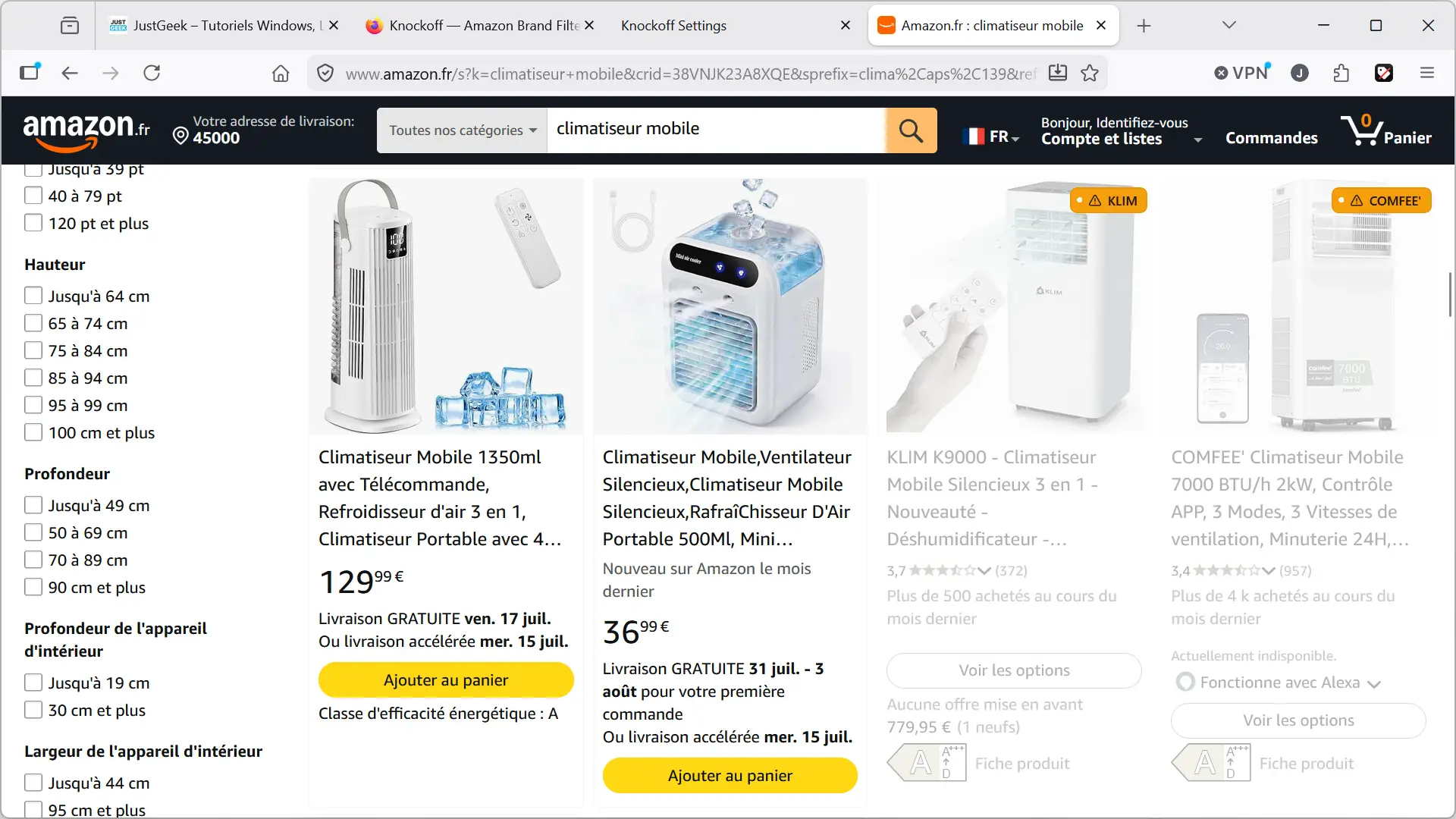 Knockoff grise les produits de marques jugées suspectes dans les résultats de recherche Amazon afin de les distinguer des marques reconnues.