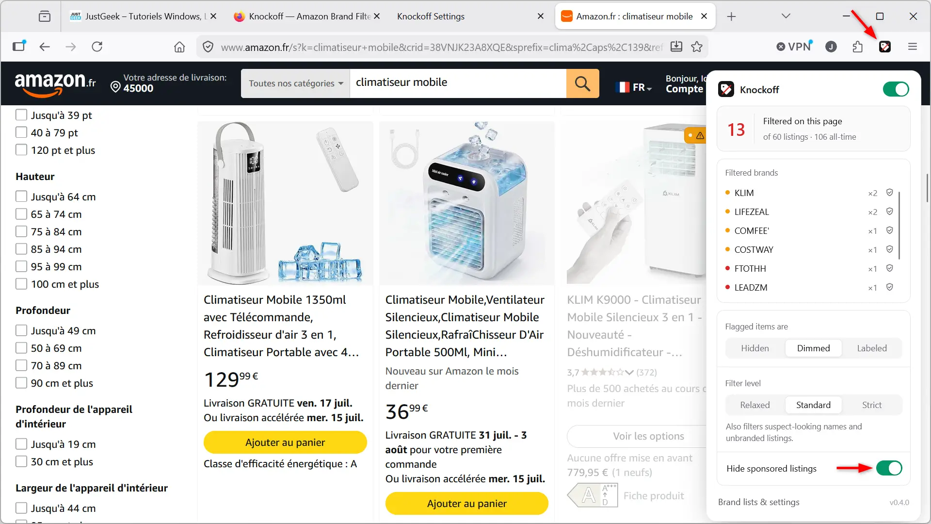 Panneau de contrôle contrefait affichant le nombre de marques filtrées, les marques détectées et les options de filtrage sur Amazon.